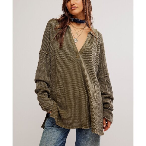 🆕 FREE PEOPLE Travis Polo / Military Olive sz M ⭕️FINAL PRICE⭕️ - Picture 1 of 8